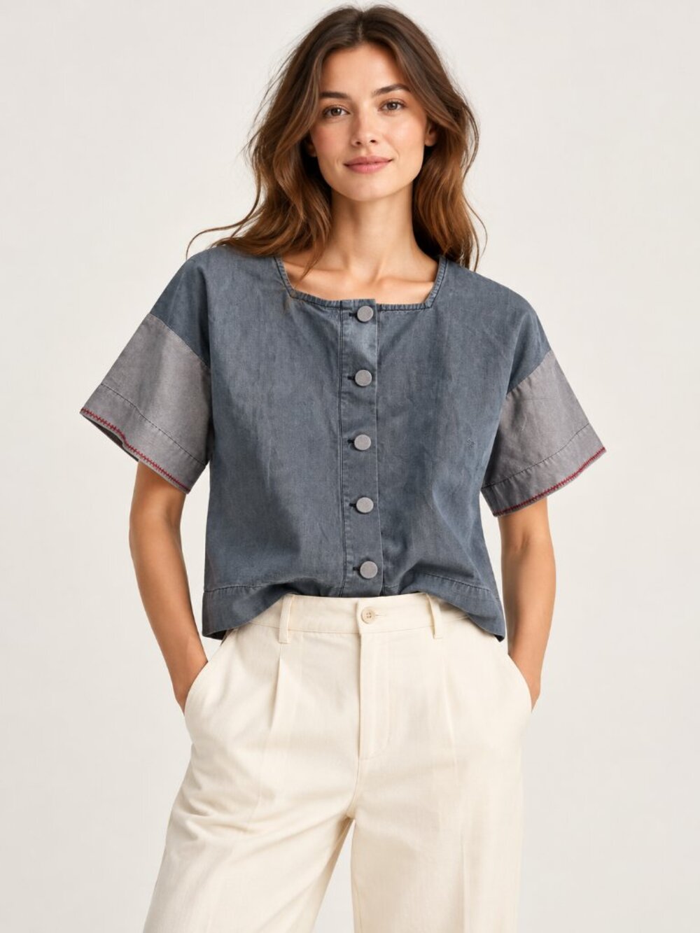 Chinti & Parker Indigo Denim Button Front Boxy Shirt Red Stitch Detail UK 6 NWT